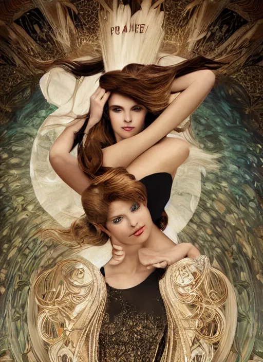 Prompt: pantene l'oreal paris advertisement photography by mucha, extremely coherent, sharp focus, elegant, render, octane, detailed, award winning photography, masterpiece, rim lit
