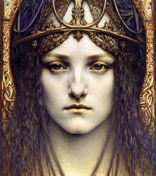 Image similar to detailed realistic beautiful young medieval queen face portrait by jean delville, gustave dore and marco mazzoni, art nouveau, symbolist, visionary, gothic, pre - raphaelite. horizontal symmetry