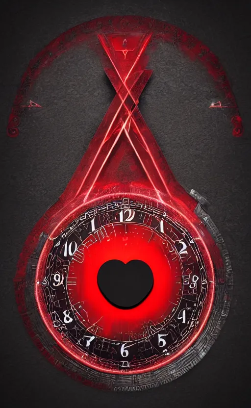 Image similar to a melting Roman numeral clock, behind a red and black gradient background, awith a black heart shaped on the top left corner and a black diamond card shape in the bottom right corner, dynamic lighting, photorealistic fantasy concept art, trending on art station, stunning visuals, cinematic, creative, ultra detailed