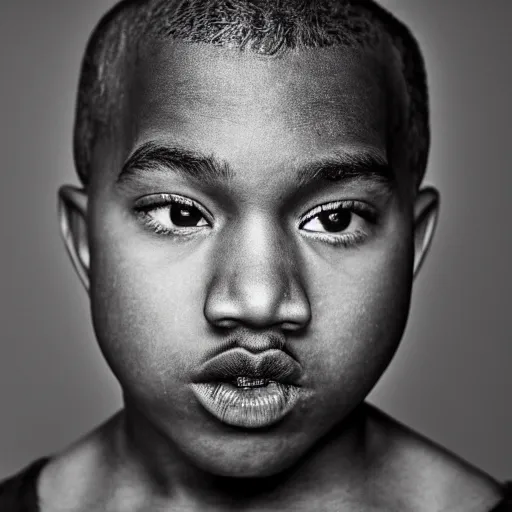 Image similar to the face of young kanye west wearing yeezy clothing at 1 1 years old, black and white portrait by julia cameron, chiaroscuro lighting, shallow depth of field, 8 0 mm, f 1. 8