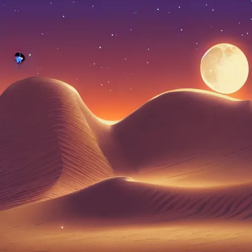 Prompt: midnight dunes of Arabia, the moon hanging in a starry sky, artstation, felix Kelly, Darrell K Sweet, digital art, concept art, d and d art