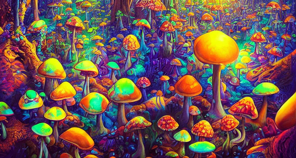 Image similar to a beautiful painting of trippy mushrooms by Tokio Aoyama, Mario Martinez, David Normal. photorealistic, trending on artstation, dramatic lighting, 8K, fantasy beautiful, surreal, cinematic.