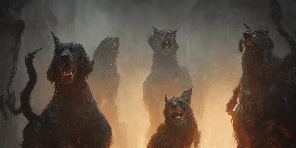 Image similar to cerberus the three headed hound at the gates of hell, greg rutkowski, 8 k, shallow depth of field, moody lighting, ultra high detail, concept art,