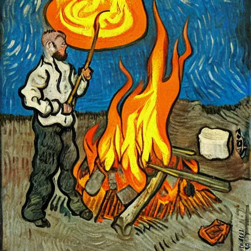 Prompt: painting of a man in hell making smores, fire, hot, bag of marshmallows, by van gogh.