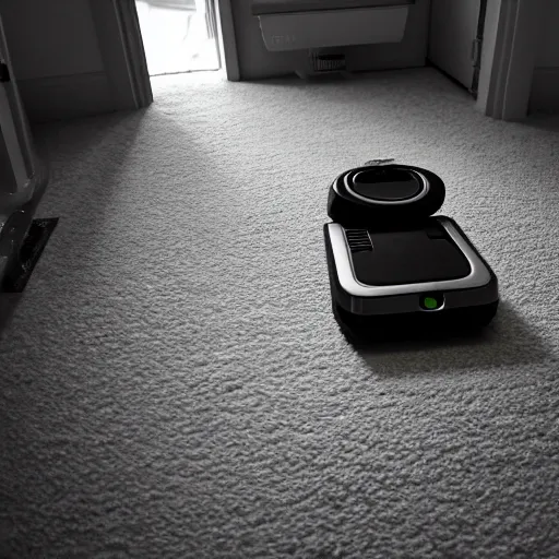 Image similar to grainy photo of a roomba as a creepy monster in a closet, harsh flash