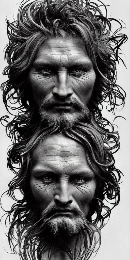 Image similar to painted closeup portrait of tree man, masculine, fierce, charming, majestic, fantasy, intricate, elegant, extremely detailed digital painting, concept art, sharp focus illustration art by alphonse mucha by chuck close, charcoal on canvas