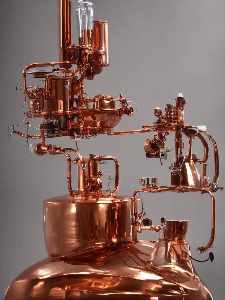 Prompt: microwave powered cognac distilling pot, copper metallic, electric, detailed, slightly steamy, commercial photo, 2 - point perspective, spot lighting