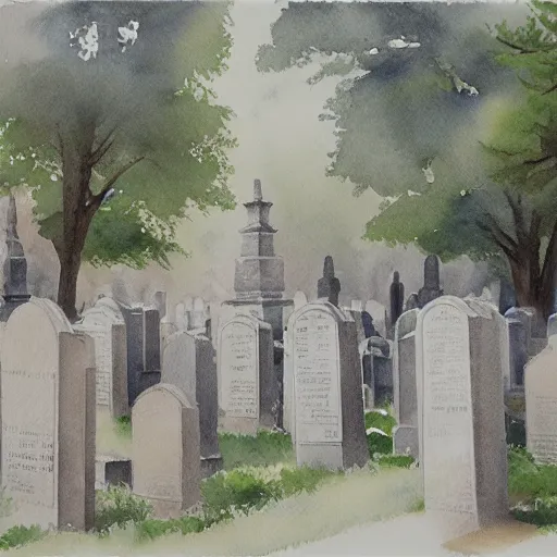 Image similar to water color on paper, walk in the cemetery, highly detailed, artstation, masterpiece, award - winning,