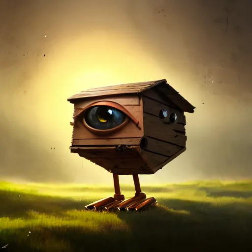Prompt: a walking wood and metal house with two mechanical legs and two big eyes, rust, hyperrealistic, highly detailed, cinematic, single ray of sun, morning, pareidolia, gravity falls style, beautiful, cgssociety, artstation, 8 k, oil painting, digital art