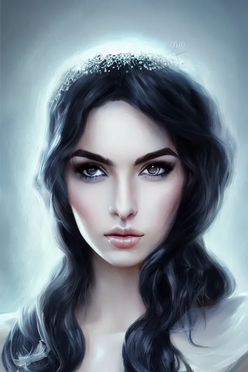 Image similar to Ameera al-Taweel, blue eyes, long wavy black hair, fierce look, white veil, closeup, focus face, elegant, highly detailed, centered, digital painting, artstation, concept art, art by artgerm