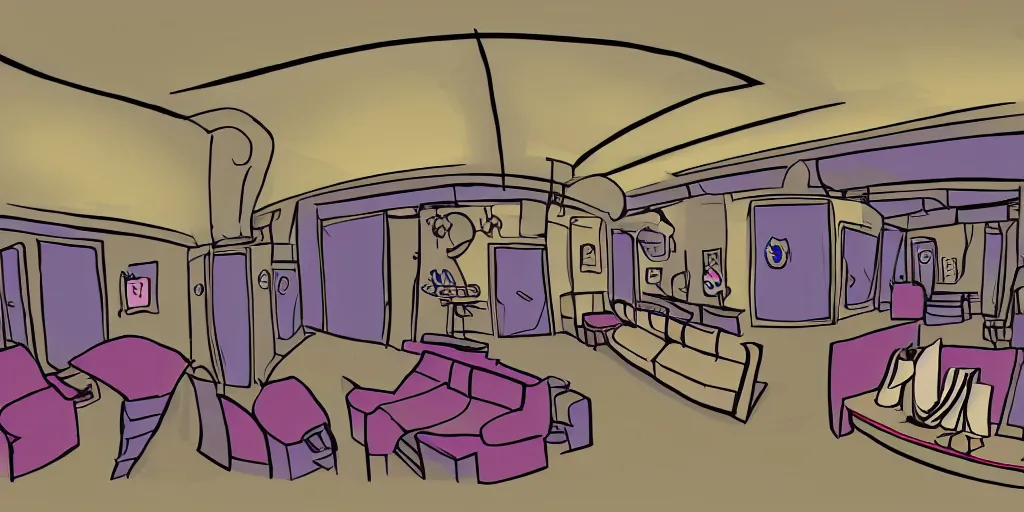 Image similar to a dimly lit, theater dressing room, with a mirror, a chair, a couch, day of the tentacle style, drawn by Peter Chan, 5 point perspective