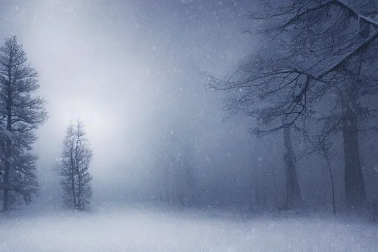 Prompt: an eerie, beautiful, forest, [ snowflakes ]!!, winter, [ frosty forest ], [ feeling cold ], [ snow ], the snow is falling down, [ winds blowing ], [ distant thunder ], [ stormy background ], [ sunset ]!!, digital painting, realistic [ rendered in 4 k ]