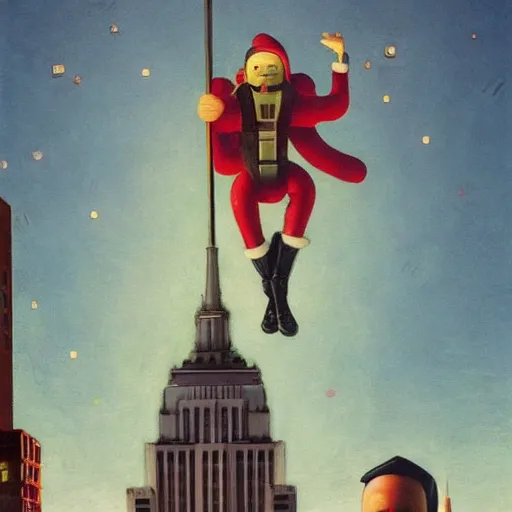 Prompt: Santa buzzing/flying past the empire state building whilst wearing his jetpack greg rutkowski giorgio de chirico john currin clarence holbrook carter mark ryden simon stalenhag