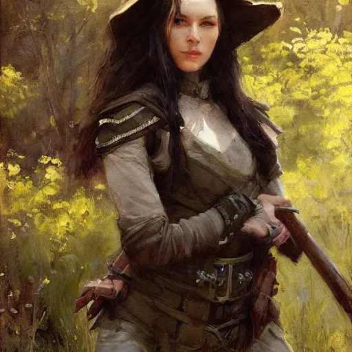 Prompt: Richard Schmid and Jeremy Lipking full length portrait photo of a beautiful ranger woman, dungeons and dragons, fantasy