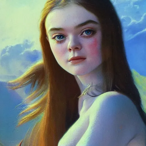 Prompt: ultra realistic portrait painting of elle fanning in the world of bruce pennington, art by frank frazetta, 4 k, ultra realistic, highly detailed, epic lighting