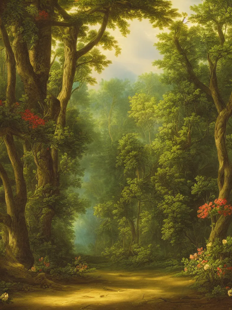 Prompt: forest with flowers blue, Digital Matte Illustration by asher brown durand