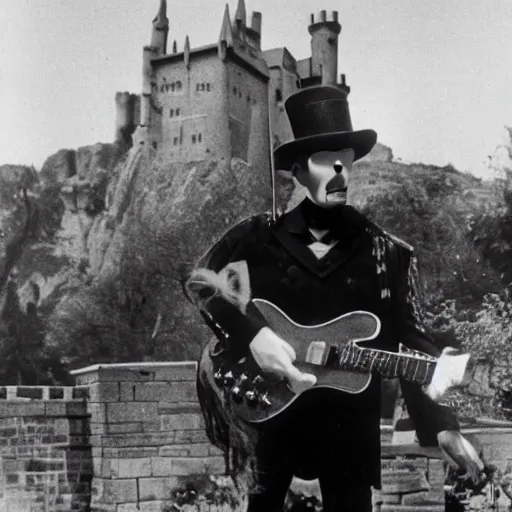 Image similar to vintage photograph of count orlok outside his castle, playing the blues on guitar, castle in the background, 4 k