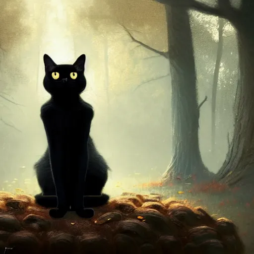 Prompt: a black cat seated and looking curiously, beautiful lighting, there is a forest in the background, texture, intricate, details, highly detailed animal, greg rutkowski style, masterpiece, trending on artstation, focus, sharp focus, concept art, digital painting, fantasy, sunny, day, golden hour