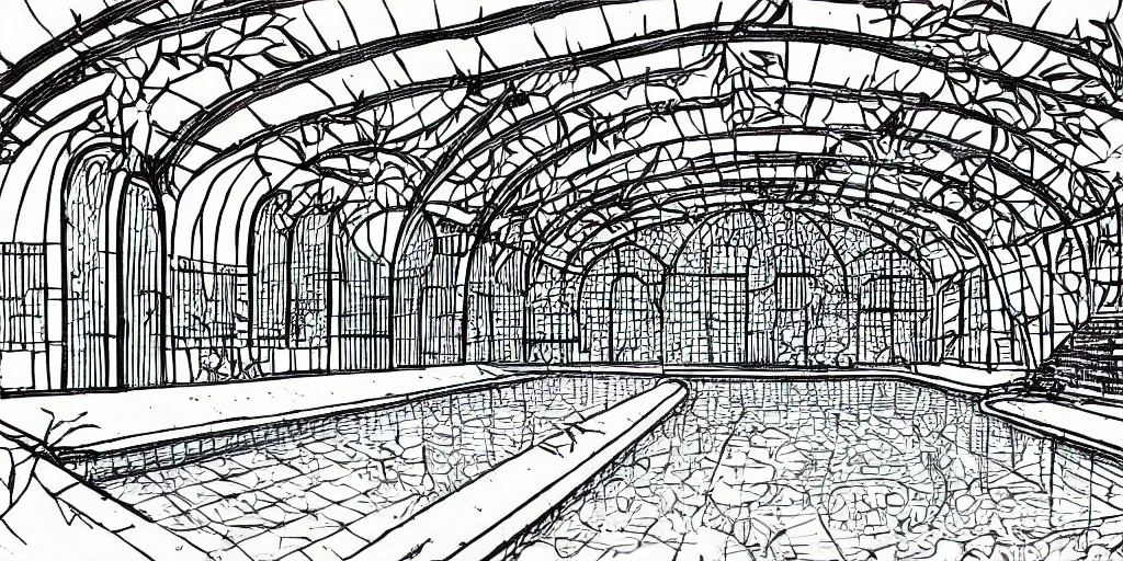 Image similar to lineart black and white indoor swimming pool with large blue archways, giant windows overlooking a garden, drawn with micron pen in the style of popular manga