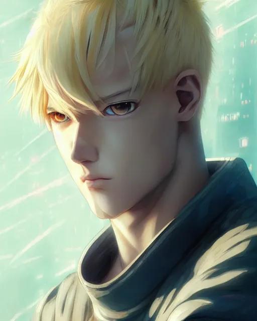 Image similar to portrait Anime Blonde Guy Short Hair Sharp fine face, pretty face, realistic shaded Perfect face, fine details. Anime. cyberpunk realistic shaded lighting by katsuhiro otomo ghost-in-the-shell, magali villeneuve, artgerm, rutkowski Jeremy Lipkin and Giuseppe Dangelico Pino and Michael Garmash and Rob Rey