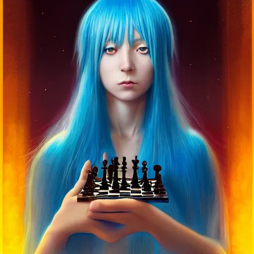 Image similar to rimuru tempest from tensura playing chess, perfect hands, with amber eyes of golden colored eyes, straight hair, sky blue hair, long bangs, high collar, concept art, award winning photography, digital painting, cinematic, wlop, 8 k, by ross tran, tom bagshaw, andy warhol