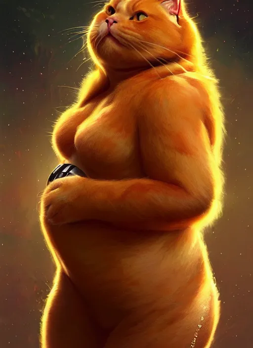 Prompt: a huge fat ginger cat as jabra the hutt, star wars, belly bulges, beautiful glowing lights, sci - fi, stunning, intricate, elegant. highly detailed, digital painting. artstation. smooth. sharp focus. illustration. art by artgerm and greg rutkowski and alphonse mucha