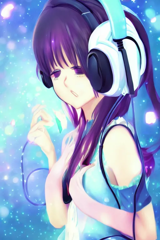 Prompt: an anime girl listening to music on headphones, candy pastel, backlighting, trending on pixiv, digital art, by kawacy