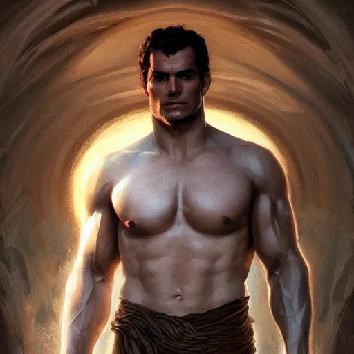 Image similar to portrait of henry cavill as a heavenly god, full body, muscular, fantasy, intricate, elegant, highly detailed, digital painting, artstation, concept art, matte, sharp focus, illustration, art by artgerm and greg rutkowski and alphonse mucha