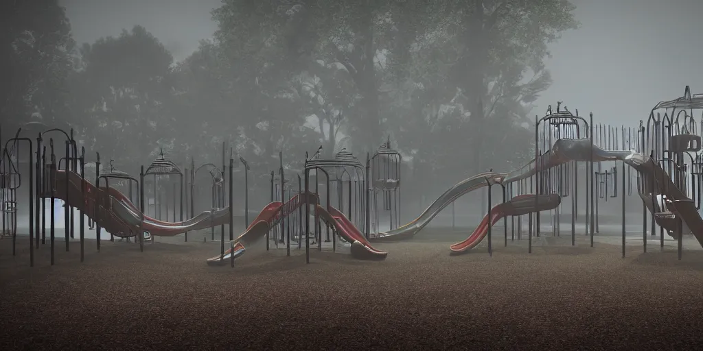 Image similar to foggy spooky play ground with swings and slides at night, dark, haunted by ghosts of children, 3d art, octane render, 6K award winning