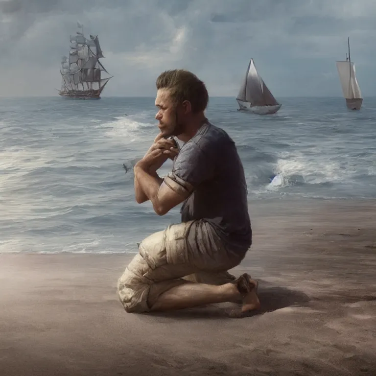 Prompt: full body portrait of crying sad sailor on his knees, on a beach, sailingship far in the background, by greg rutkowski, octane render, unreal engine, 8 k highly detailed, intricate details