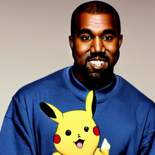 Image similar to kanye west smiling holding pikachu for a 1 9 9 0 s sitcom tv show, studio photograph, portrait c 1 2. 0