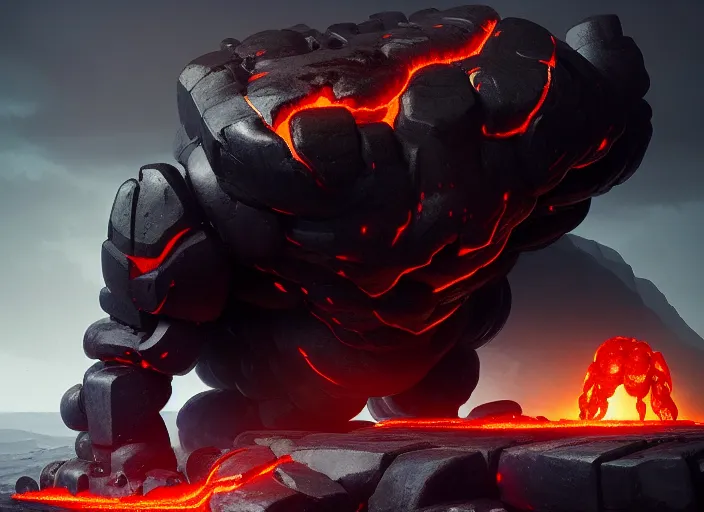 Image similar to epicly designed very muscular stone obsidian robot with human body fighting a deadly beast made from lava with background by greg rutkowski, trending on artstation