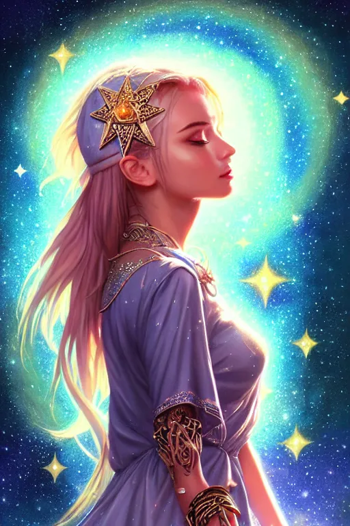 Prompt: charming and miracle female luxury astromancer in the starry sky, boho channel accessories, star sparkles, sharp focus, d & d, epic retrowave art, masterpiece, trending on art station, fantasy, digital painting, highly detailed, 8 k realistic, dof, art by artgerm, greg rutkowski, sasoura, satchely, no distorsion