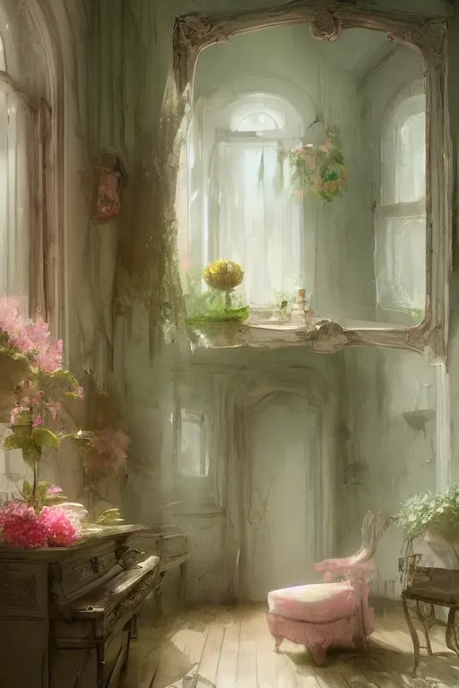 Prompt: beautiful digital matte painting of a whimsical botanical shabby chic dressing room by greg rutkowski and edward hopper, vivid artstation, behance hd