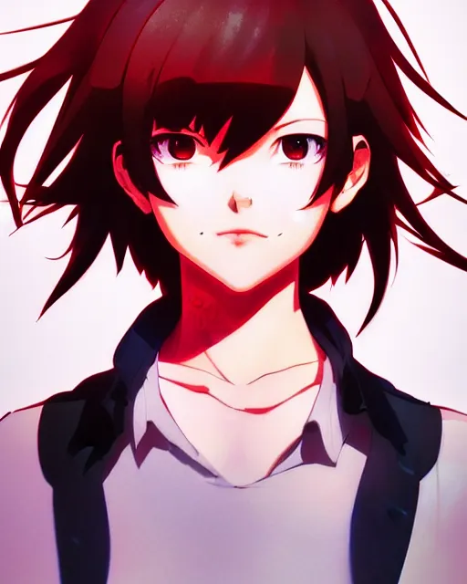 Prompt: makoto shinkai, artgerm, yoji shinkawa, ilya kuvshinov, beautiful anime woman, red shirt brown pants, clockpunk, black and red hair hair, symmetrical face, symmetrical eyes, full round face, short smile, detailed, summer setting, cinematic lighting