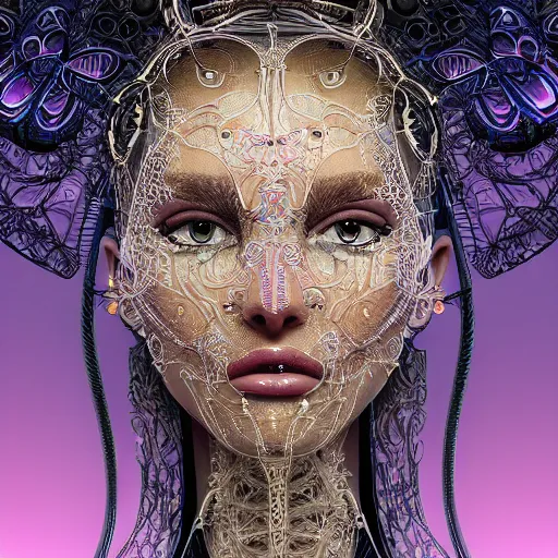 Prompt: very beautiful woman integrating with technology, full face frontal centered, portrait, insipiring, detailed intricate ornate cables connected to head, big open electric eyes, luxurious detailed abundent wiring and implants, diamonds, ruby, sci - fi, neon, emeralds, detailed technology background with cyber flowers and insects, highly detailed, artstation, 8 k, by lalique, rene