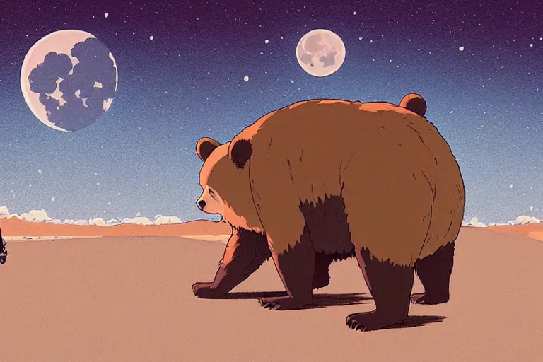 Image similar to a study of a cell shaded cartoon bear getting drunk on a desert road in front of a big moon, full body, wide shot, very muted colors, post grunge, studio ghibli, laurie greasley, highly detailed, deviantart, art by artgem