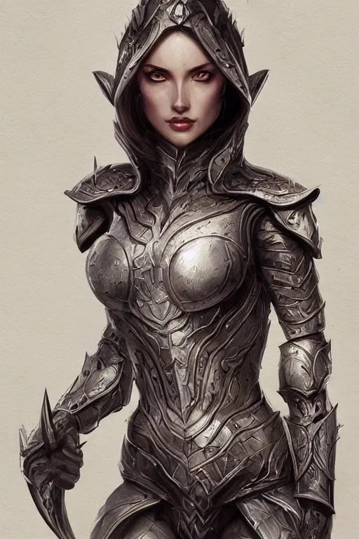 Image similar to three-quarters portrait pose of a beautiful woman, slim body, shining armor, elf warrior, fantasy, intricate, elegant, highly detailed, digital painting, artstation, concept art, matte, sharp focus,D&D, illustration, art by Artgerm and Peter Andrew Jones