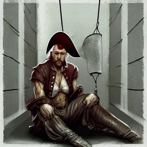 Prompt: aesthetic full body digital illustration of a sad pirate hanging his head sitting on a prison cot by magali villeneuve, sitting in a prison, artgerm, centered, concept art, deviantart