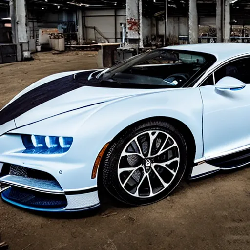 Image similar to an abandoned, derelict, rusty bugatti chiron in a dirty warehouse