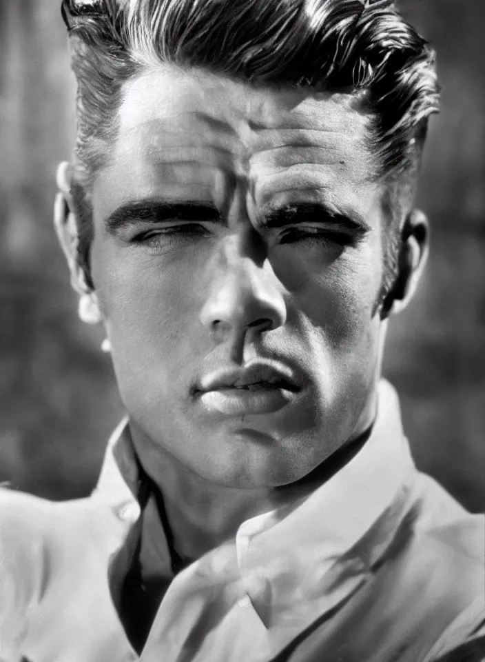 Image similar to genetic combination of james dean, elvis presley, sean connery, and boris karloff. long face, tall man, gaunt, handsome, beautiful, striking, chiseled. prominent cheekbones, deep dimples, strong jaw. soft lighting, full color, ultra detailed, color photography, high definition