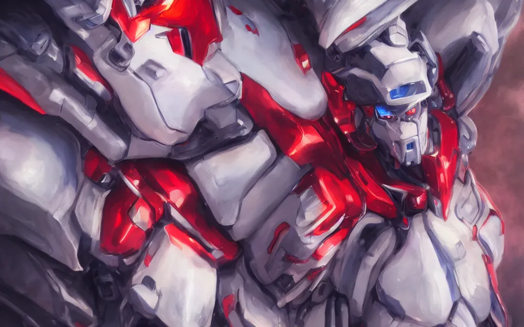 Image similar to A realistic anime portrait of a man in a Gundam suit battleing with glowing red eyes, digital painting, by Stanley Artgerm Lau, Sakimichan, WLOP and Rossdraws, digtial painting, trending on ArtStation, SFW version