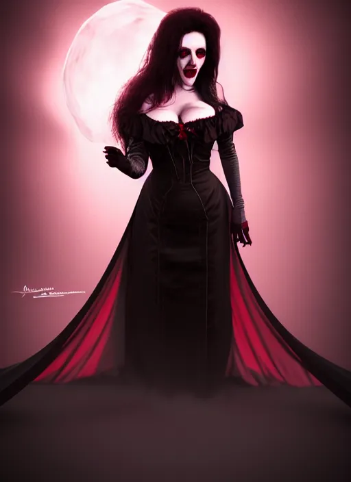 Image similar to realistic matte painting, full length portrait, the vampire duchess of blood owns las vegas at night, fangs, pale, confidant, highly detailed, CGsociety, concept art, HDR, hyper realistic, volumetric lighting, subsurface scattering, unreal,