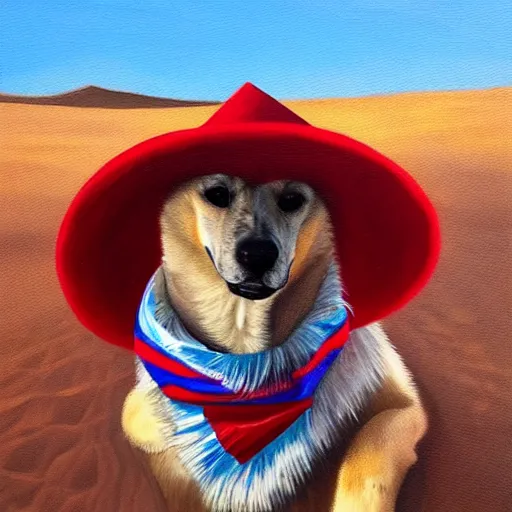 Prompt: Oil painting of a doge wearing a sombrero and a red neckerchief in the desert