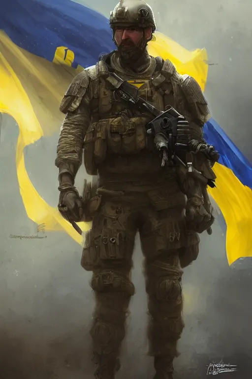 Image similar to a cinematic shot of a special forces unit with ukrainian blue yellow flag and standing ready to fight, masculine figure, d & d, fantasy, bright atmosphere, volumetric lights, intricate, elegant, extremely detailed, digital painting, artstation, concept art, matte, smooth, sharp focus, hyper realistic, illustration, art by artgerm and greg rutkowski and alphonse mucha