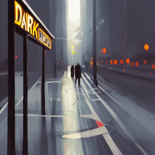 Image similar to dark city bus stop, painting by Simon Ståhlberg,ArtStation