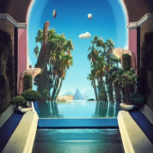 Image similar to hyperrealistic geometric objects in a surreal minimalistic 8 0's dreamscape environment by salvador dali, enormous emoji, highly detailed, 3 d render, octane, beautiful lighting, photorealistic, intricate, elegant, wayne barlowe, water, mirrors, pink doorway, beautiful, masterpiece, trending on artstation, palm tree