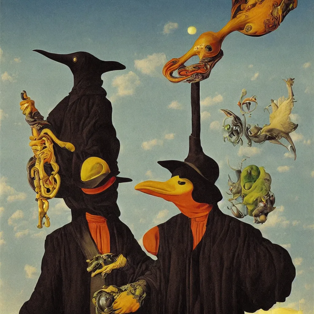 Prompt: a single! colorful! plague doctor portrait clear empty sky, a high contrast!! ultradetailed photorealistic painting by jan van eyck, audubon, rene magritte, agnes pelton, max ernst, walton ford, andreas achenbach, ernst haeckel, hard lighting, masterpiece