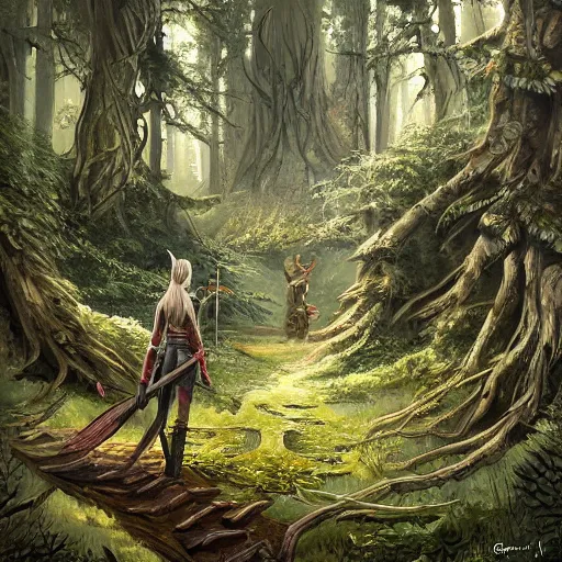 Image similar to elven ranger overgrown ruins forest, painted martin bergstrom