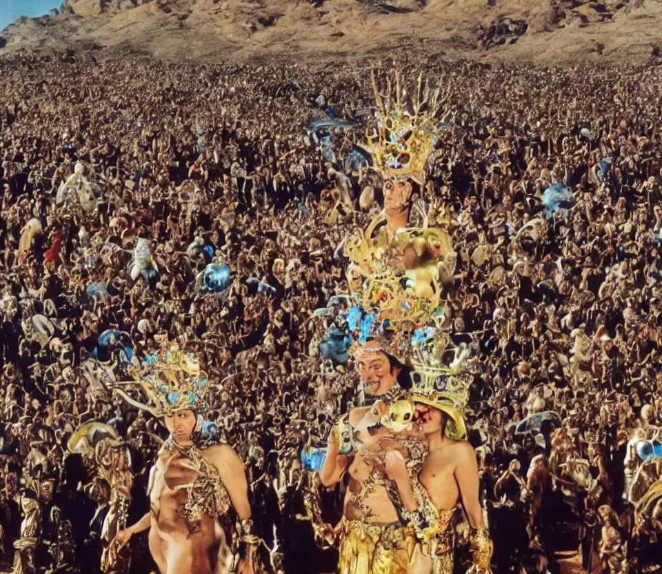 Image similar to salvador dali wearing a crown and costume with jewels in front of a huge crowd in a dry rocky desert landscape, from the movie by alejandro jodorowsky with cinematogrophy of christopher doyle and art direction by hans giger, anamorphic lens, kodakchrome, very detailed photo, 8 k